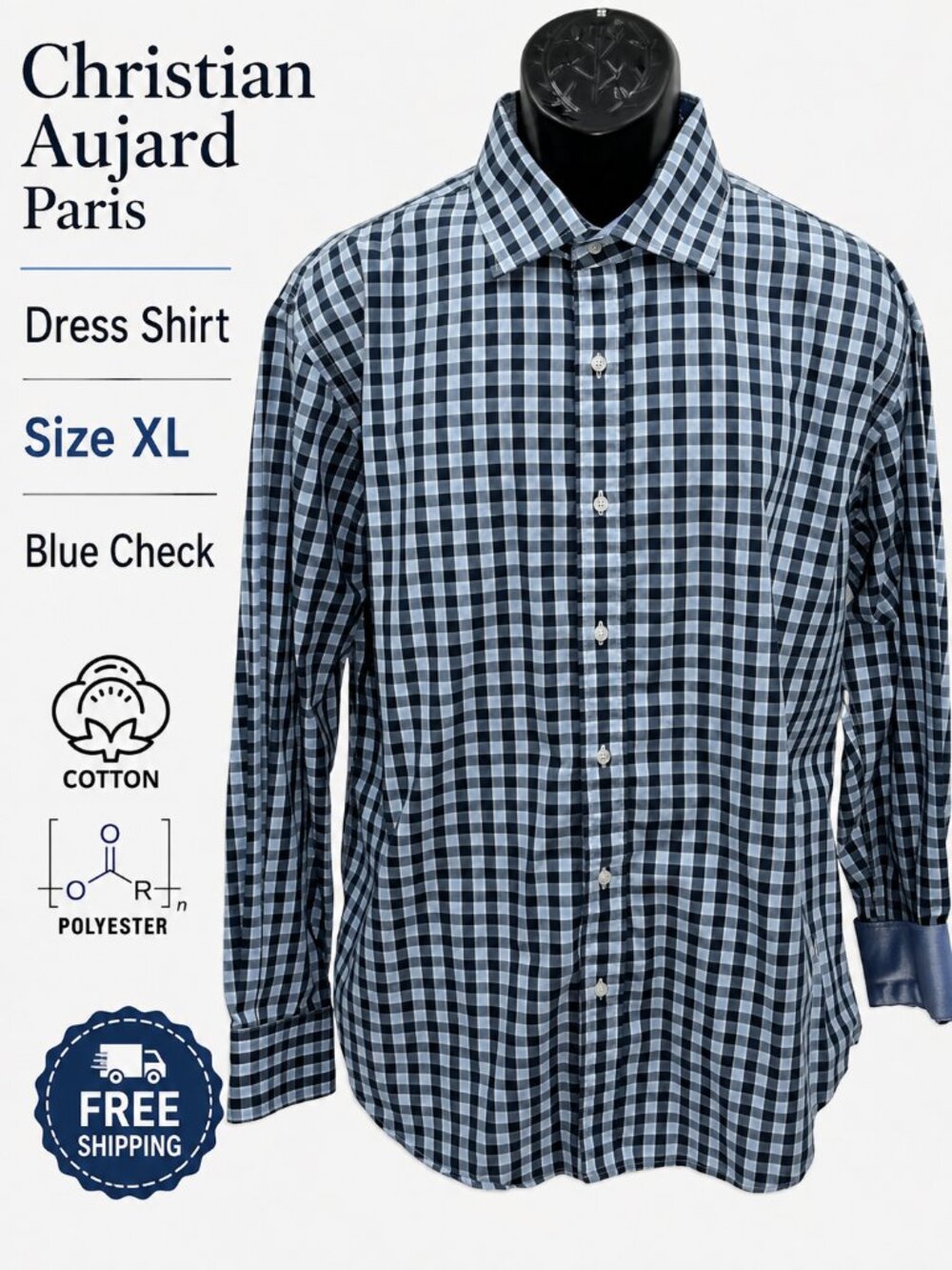 Christian Aujard Paris Men's XL Blue Check Long Sleeve Button Dress Shirt